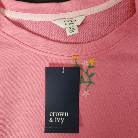 NWT Crown & Ivy Pink Floral Embroidered  Short Sleeve Knit Top Sz XL - Picture 7 of 9